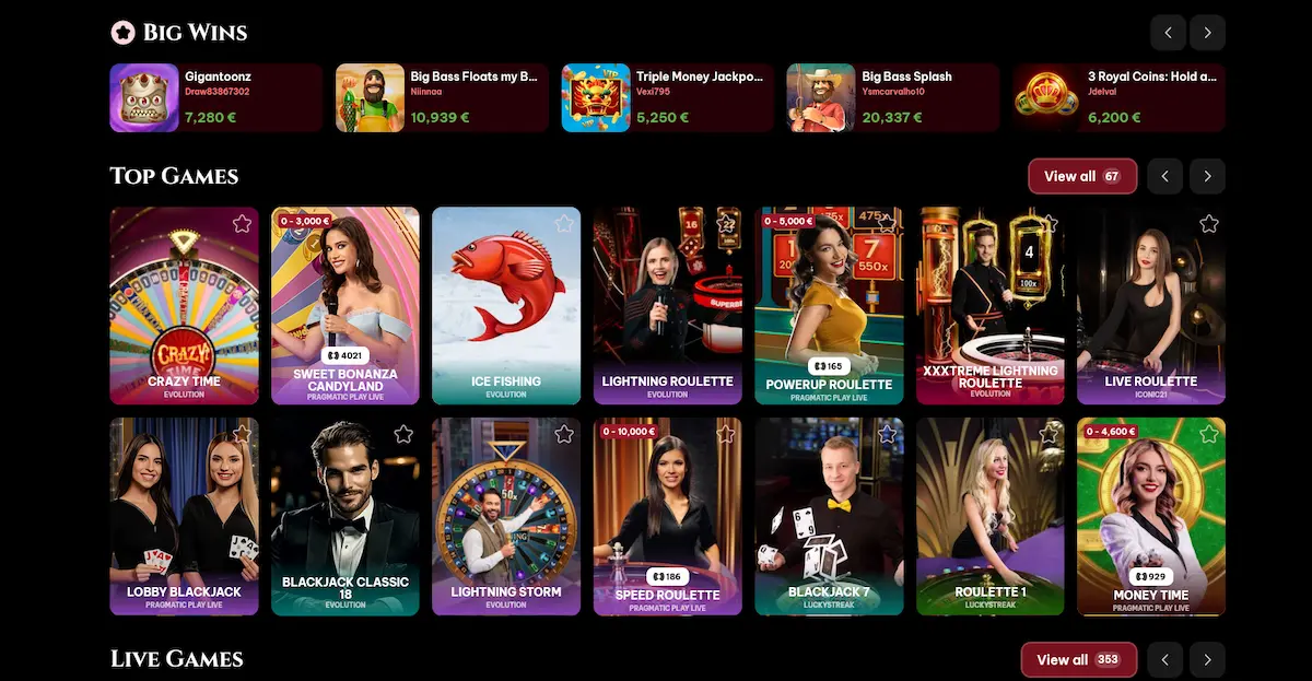 Top hry a live kasino Spinogambino Casino s reálnými krupiéry